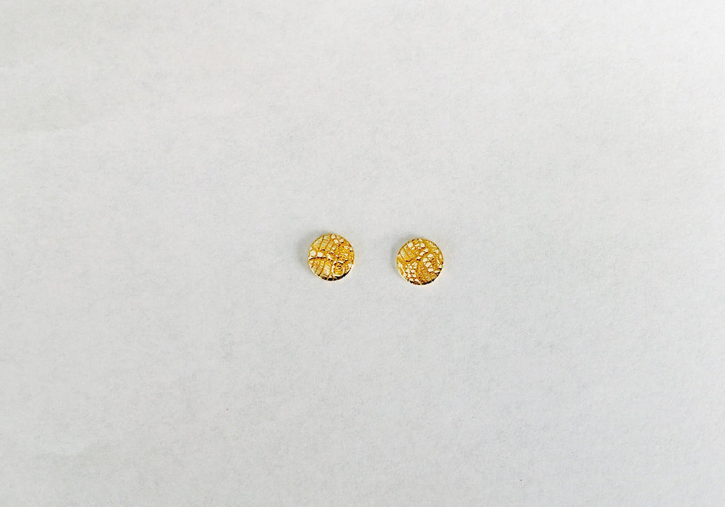 Pair of gold plated sterling silver disc earrings with embossed texture of Chantilly lace, Citizen Women