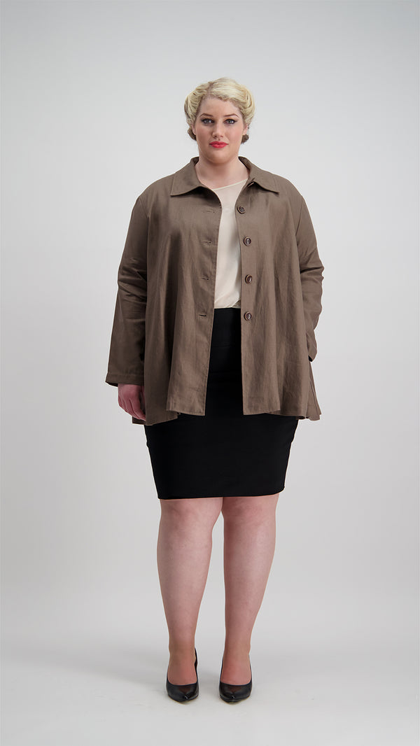 Woman wears light brown, hip length swing jacket with collar and side welt pockets, Citizen Women