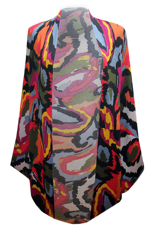 Front view of multi coloured abstract print Shrug Citizen Women