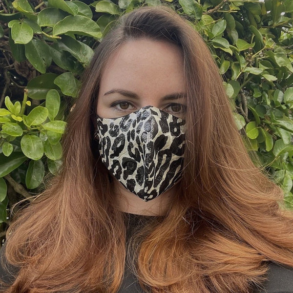 Claire wears Animal Print Face Mask, large Animal print with two black cotton inners.