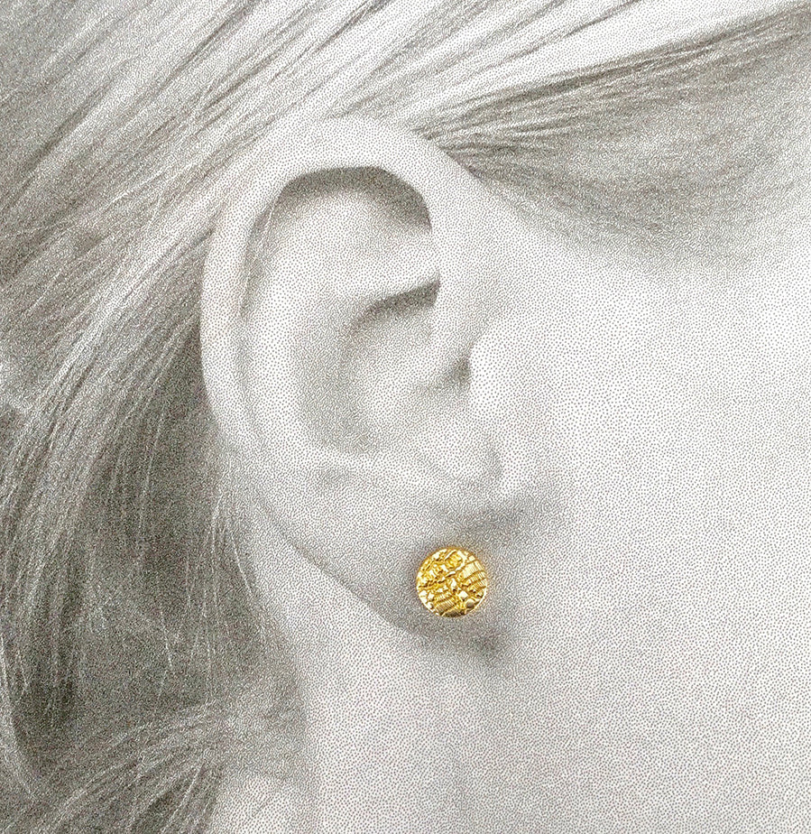  Gold plated sterling silver embossed disc earring piercing black and white photo of an ear, Citizen Women