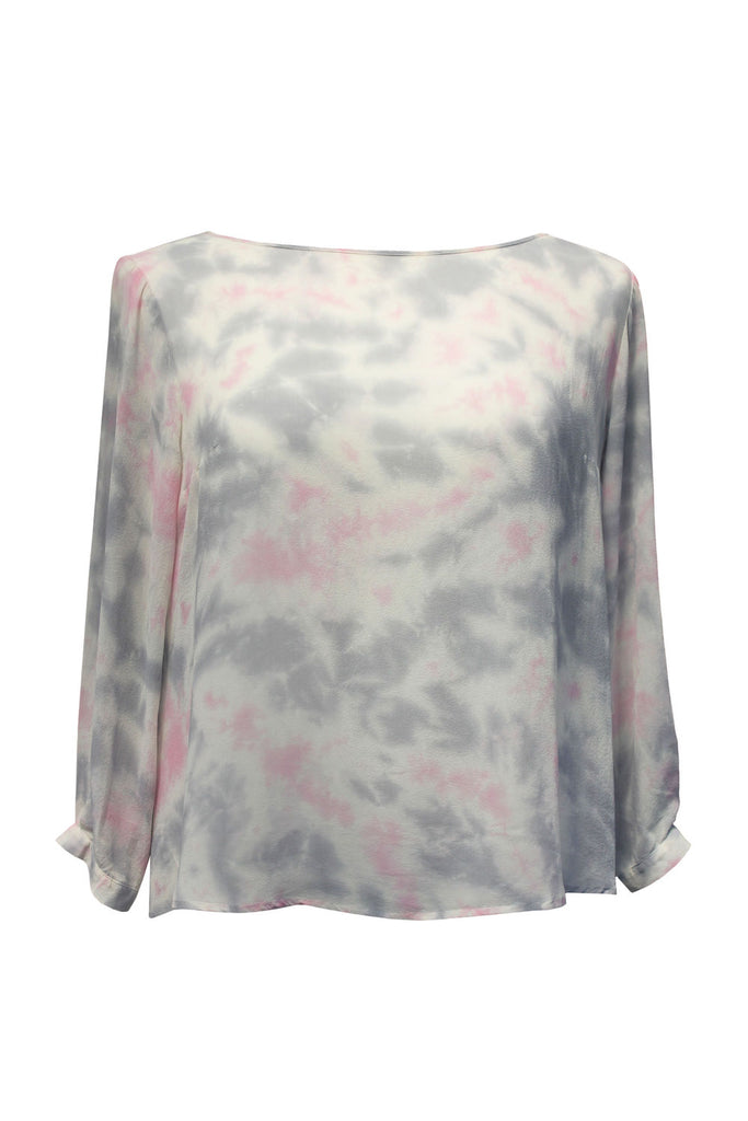 Front view pink and grey 100% silk boat neck top, long sleeve with button cuff, Citizen Women