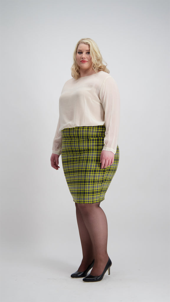 Woman wears 100% silk cream top tucked into Plaid pencil skirt Citizen Women 