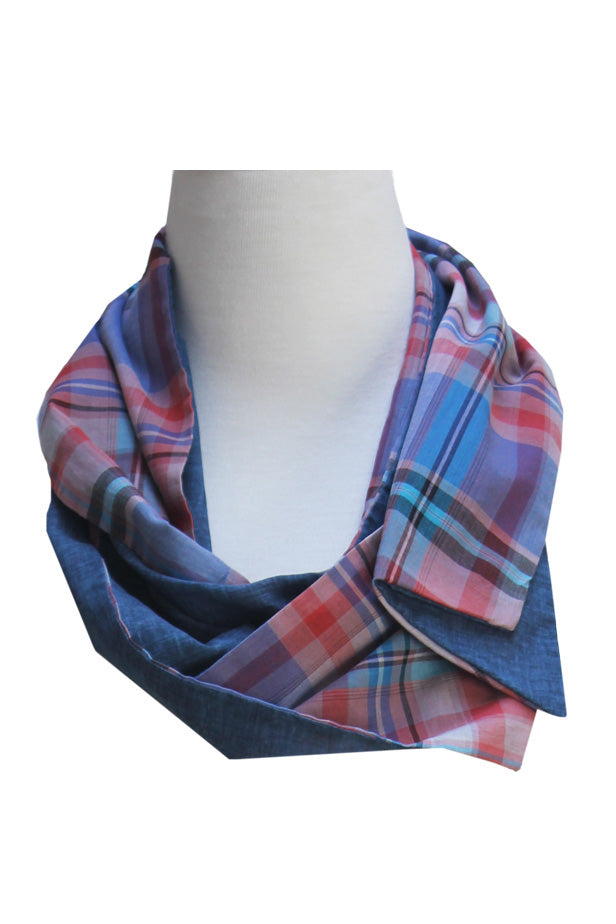 Blue and red, grey check pattern with blue lining wrapped around neck, Citizen Women