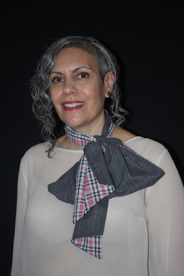 Women wearing grey and check scarf with cream silk top, Citizen Women