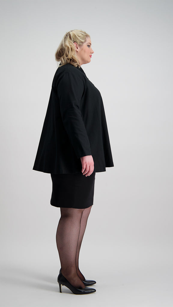 Side view woman wearing black cotton denim swing jacket, Citizen Women