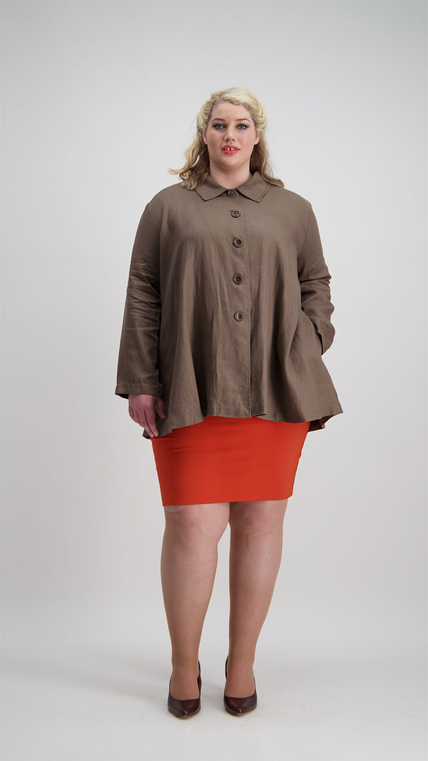 Woman wears buttoned-up long sleeve swing jacket with orange skirt, Citizen Women 