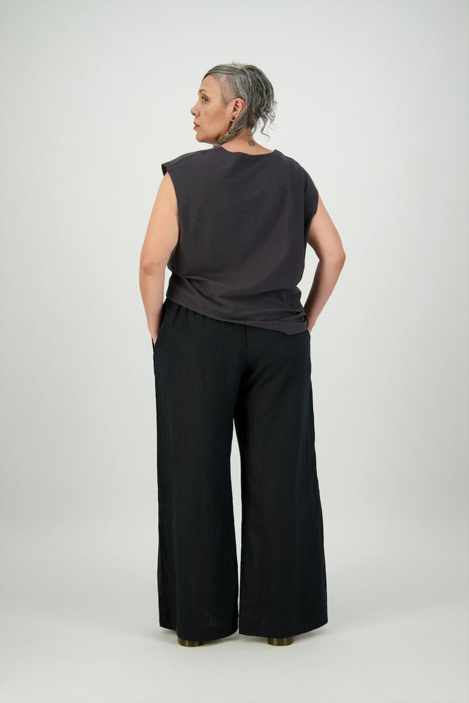 Back view high rise, full length leg, black 100% linen pants Citizen Women