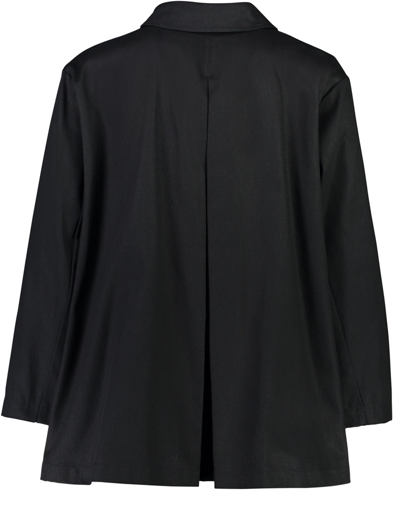 Back view of tailored black denim, long sleeve, inverted pleat jacket, Citizen Women,