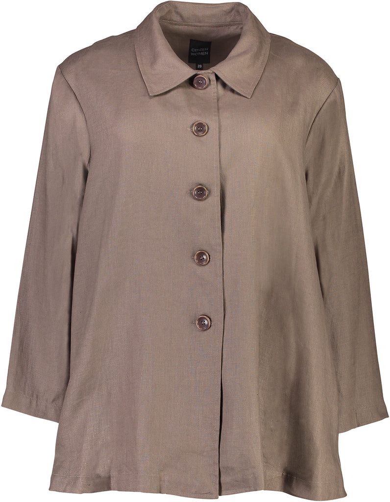 Front view of tailored, taupe, unlined linen jacket with five buttons, Citizen Women