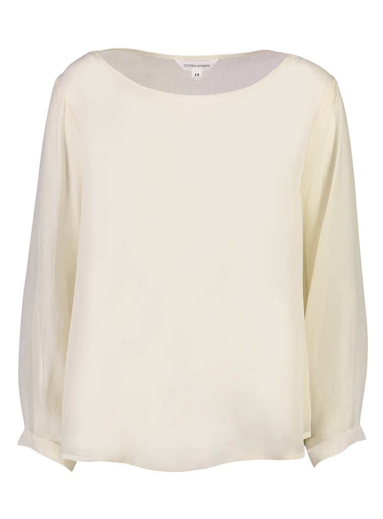 Front view cream translucent silk boat neck top, bust darts, long sleeves with button cuff Citizen Women 