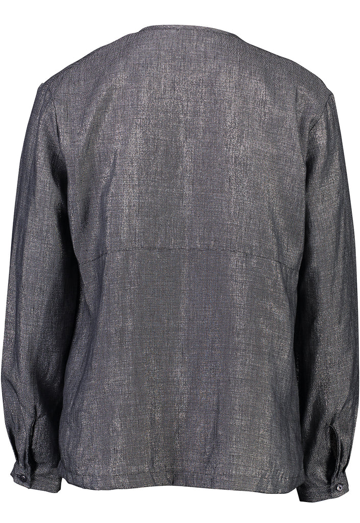 Back view grey sparkly long sleeve linen shirt with hip length hem Citizen Women 