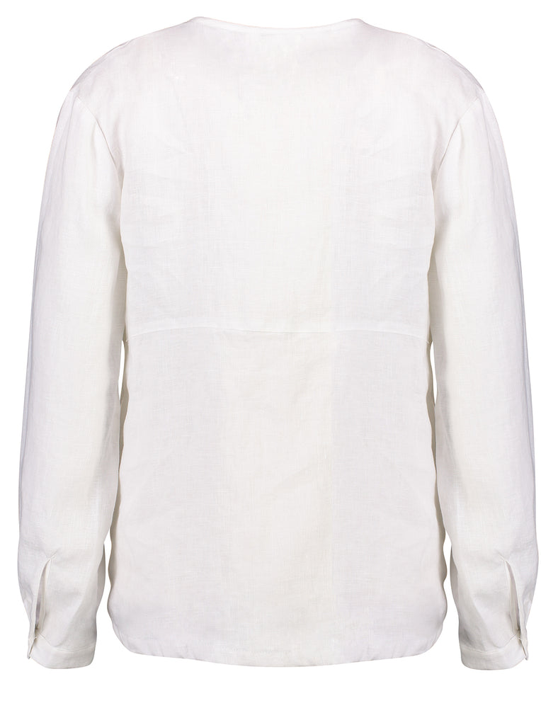 Back view long sleeve white 100% linen shirt with corozo nut buttons Citizen Women 